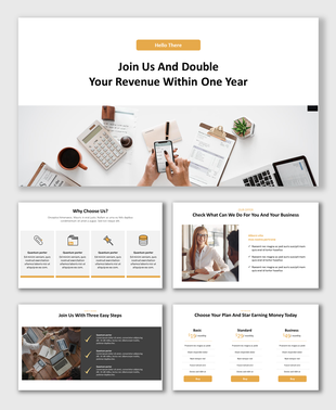 Business presentation slides with sections including text, images of a desk setup, and offers for plans with pricing options.