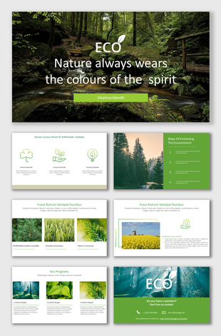 Eco concept PPT slides with lush green nature images and sections focusing on protecting the environment and eco programs.