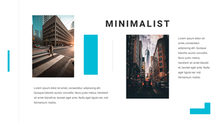 Minimalist slide with teal geometric shapes, bold text, and two urban photos of a street crossing and a tall building.