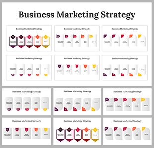 Business marketing strategy slides showcasing different design layouts with colorful sections for strategy points.
