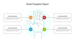 Hand template graphic with orange, red, blue, and green circles representing steps, connected to text areas around the hand.