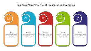 Business plan slide with five vertical sections in orange, blue, red, green, and purple, each with icons and descriptions.