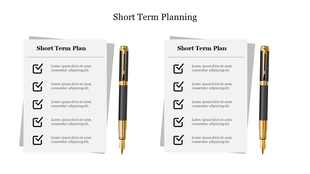 Short Term planning template featuring two lists with checkmarks and placeholder text, accompanied by fountain pens.