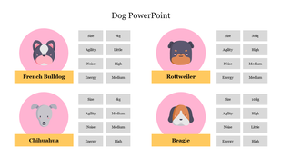 Dog PowerPoint slide comparing characteristics of French Bulldog, Rottweiler, Chihuahua, and Beagle breeds.