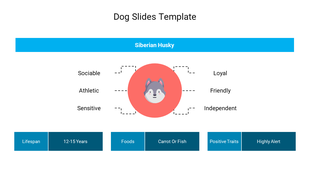 Dog themed slide with a central red circle featuring a husky icon, blue headers, and six traits listed on both sides.