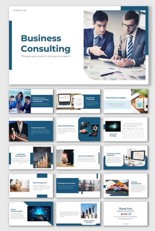 Alt: Overview of a 16-slide Business Consulting deck featuring teal layouts for financial strategy, marketing, and team management.