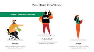 Three illustrated figures depicting a director, camera staff, and scriptwriter with a green selection banner.