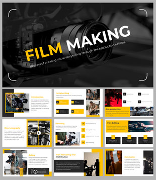 A pack of film making slides featuring sections on scriptwriting, directing, cinematography, and film editing.
