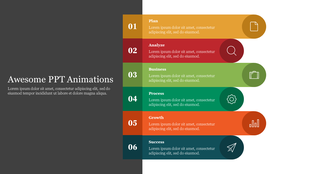 Animated slide showing a dark left panel with text and a colorful step-by-step process on the right numbered 01 to 06.