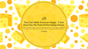 A pattern of cheese slices and dots surround a large yellow circle with text in the center on a light background.