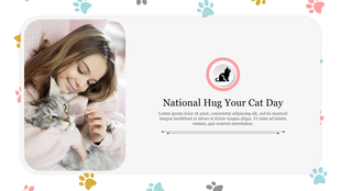 Cute cat themed slide with a central title, placeholder text, and a large photo of a girl petting a fluffy gray tabby cat.