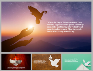 A pack of pentecost themed background slides with a dove and olive branch flying over hands and a scripture from the bible.