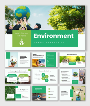 Environment slide with green theme, globe visuals, nature images, eco charts, icons, shapes, and clean layouts for insights.