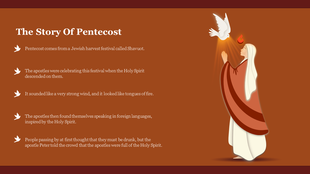 Brown slide with an illustration of Jesus in robes with a dove and flame above, representing the story of Pentecost.