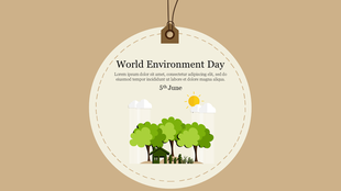 A circular tag with trees, a small house, a sun and clouds above, on a beige background, celebrating world environment day.