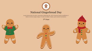 National Gingerbread Day slide with three smiling gingerbread cookie characters in festive outfits on a beige background.