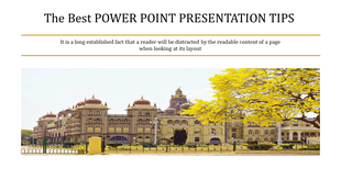 Slide showing a beautiful building with yellow trees, and a heading about tips, with text focusing on layout and readability.