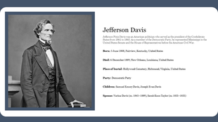 Slide with a grayscale portrait of Jefferson Davis and biographical details on the right with a blue border.