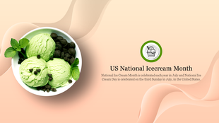 Slide with a bowl of mint ice cream image, chocolate chips, and green leaves, on a soft peach wavy background design.