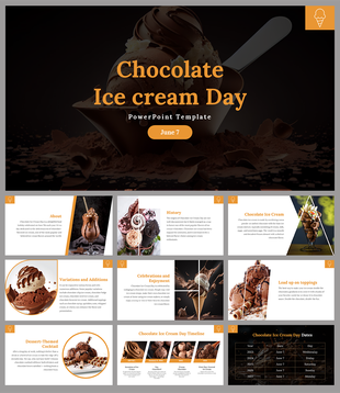 PowerPoint slides for Chocolate Ice Cream day with information on history, variations, and celebration ideas.