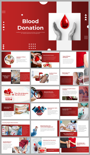 Alt: Blood Donation cover slide with red theme showing hands holding a glossy blood drop icon on a white background.