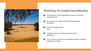 A photo of a dry, desert area and bullet points explaining desertification and its impact on arid and semi-arid regions.