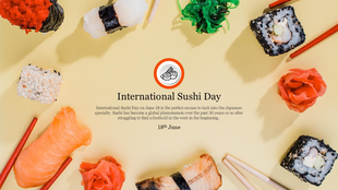 Celebratory slide for sushi day with diverse sushi pieces and chopsticks arranged around the title and date.