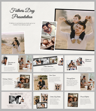 Slide deck featuring images of fathers and children, celebrating the bond and fatherhood with heartfelt messages.