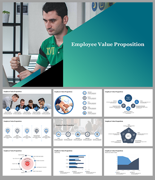 Employee value slide deck overlaid on a workspace image, followed by comparison charts and infographics.
