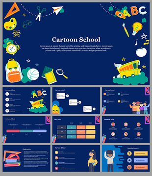 Cartoon school slides featuring playful illustrations of school supplies, children, and icons on a dark blue background.