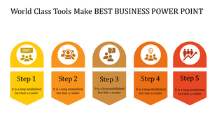 Step based business PowerPoint template with colorful icons for each step with placeholder text.
