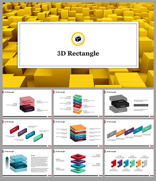 Slide deck featuring stacked 3D rectangles in various colors, with a background of yellow cubes and minimal text sections.