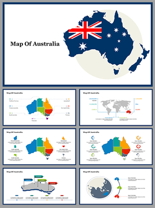 Australia map design template with slides showing colored state divisions, population data, and infographic elements.