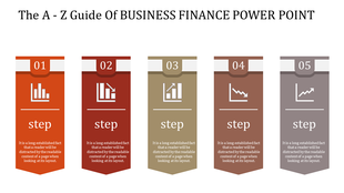 Business finance PowerPoint template with five steps, each represented by an icon showing different financial trends.