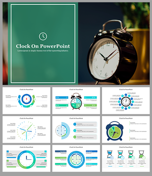 Clock themed slides featuring various time related infographics, with pie charts and circular designs in blue and green.