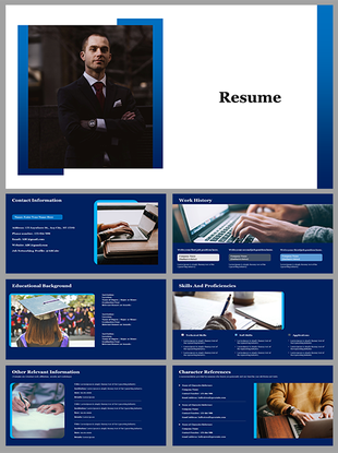 Professional resume slides with blue and white design, featuring sections for contact, work history, education, and skills.