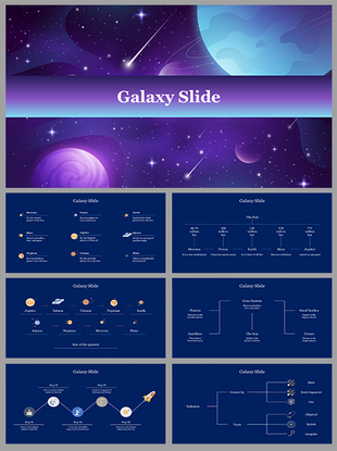 Galaxy themed PPT slides with detailed visuals of planets, space, and various data charts on a blue and purple backdrop.