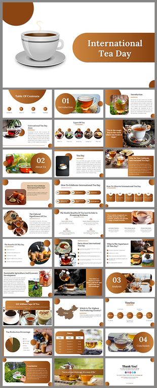 International Tea day slides featuring a steaming cup of tea, brown accents, and an overview of tea related topics.