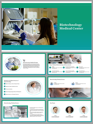 Biotechnology medical center slides featuring lab professionals, research visuals, and teal white theme design.