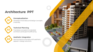 Three numbered diamond shaped icon with text and a building model overlaid with a yellow curved graphic on the right.