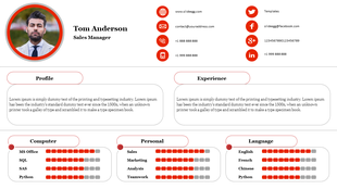 A professional resume slide featuring contact details, profile, experience, skills, and languages for Tom Anderson with text.