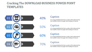 Business PPT slide with percentage progress bars and icons representing team, search, leadership, and growth with captions.