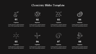 Chemistry themed slide with eight numbered white icons, including molecules and lab equipment, arranged on a black backdrop.