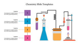 PowerPoint slide featuring colorful chemistry with laboratory equipment and captions.