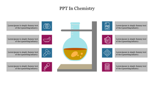 Slide with eight icons and text blocks in alternating blue and purple, featuring a chemistry flask in the center.