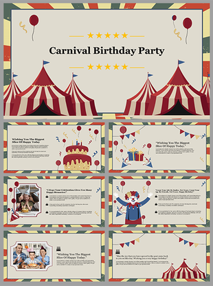 Carnival themed slide deck with striped tents, balloons, and decorative elements in red and beige tones.