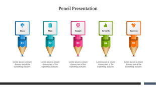 Five vertical pencil graphics labeled 01 to 05, each with an icon and text for idea, plan, target, growth, and success.