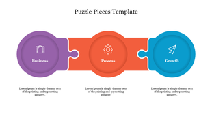 Colorful circular puzzle pieces in purple, orange, and blue, representing business, process, and growth with matching icons.