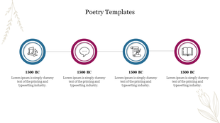 Horizontal layout with four circular icons in alternating blue and red, on a beige background with floral details.