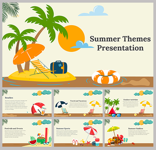 Summer cover and six slides featuring beach elements like palm trees, sunglasses, and beach balls on sandy backgrounds.